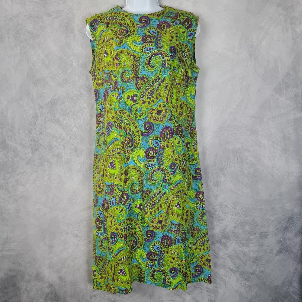 Vintage Paisley Shift Dress Womens Medium Green Blue Sleeveless Mod 60s
